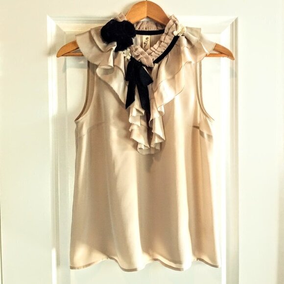 Anthropologie Floreat Beige Ruffle Collar Silk Sleeveless Top - Picture 1 of 6